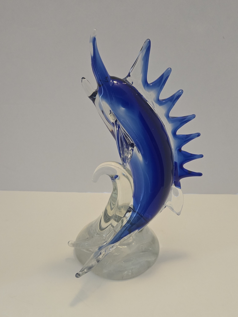 Swordfish Art Glass Sculpture Glass Crystal Sailfish Marlin & Wave 10.5"
